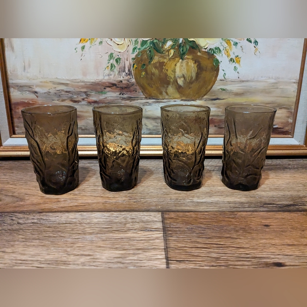 4 vintage Morgantown Brown SMOKED Crinkle seneca Juice Glasses 4”Height 2" Width